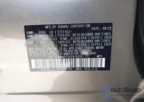 2022 Subaru Ascent Limited from USA, damaged, VIN 4S4WMAPD7N3456026